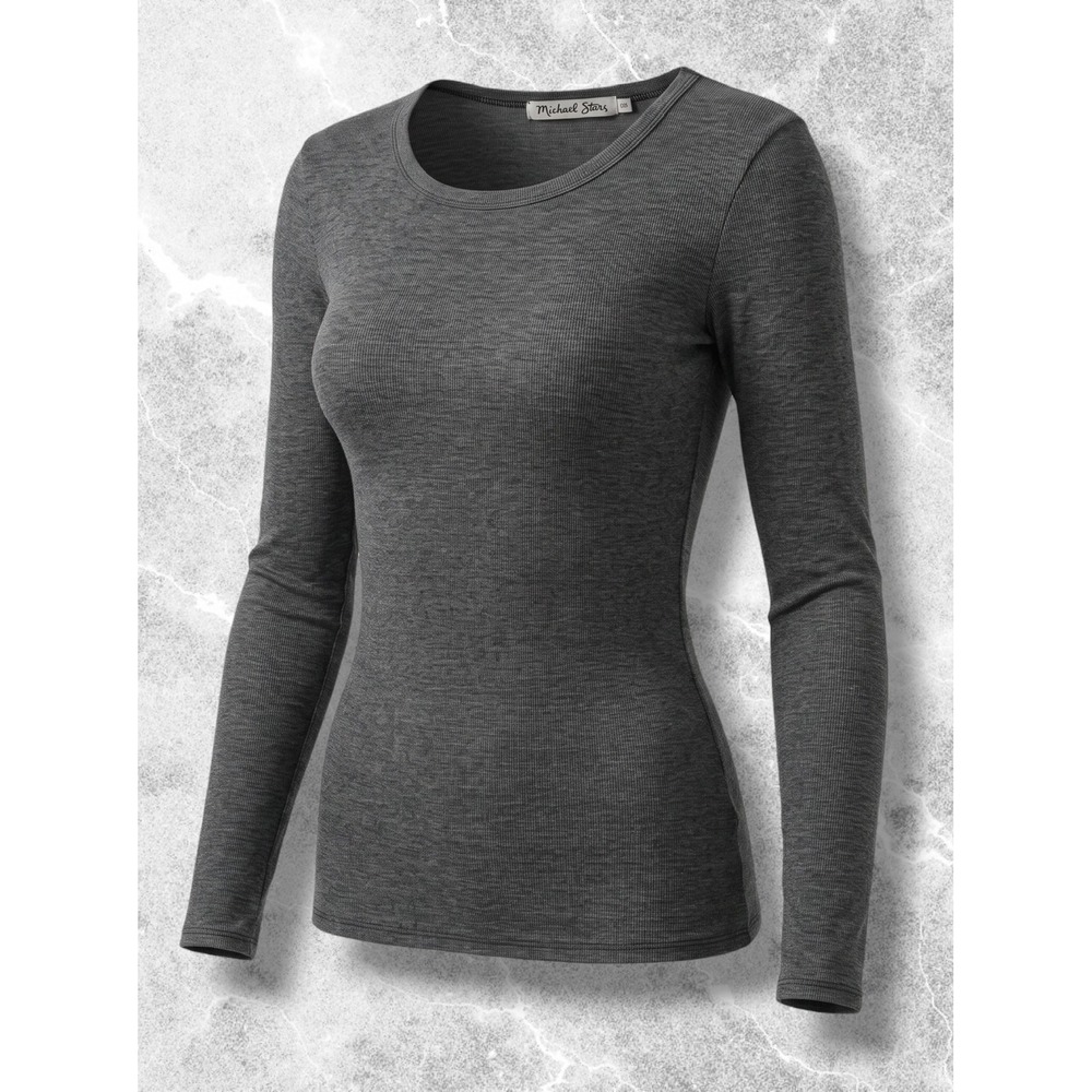 Michael Stars Ribbed Long Sleeve Crew‎ Neck Top Charcoal Gray OS